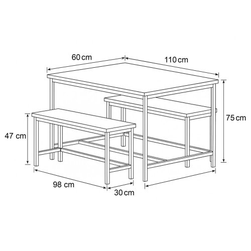 Jídelní set 1+2, rozměr stolu 110x60x75, rozměr lavice 98x30x47, MDF, barva staré dřevo