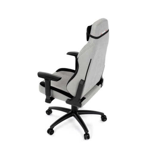 Herní křeslo, stříbrná látka, houpací mechanismus, polohování opěradla 90°-180°, 3D područky, polštáře z paměťové pěny,