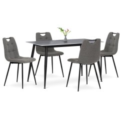 Jídelní set 1+4, stůl 130x70, deska slinutý kámen v imitaci šedého matného mramoru, židle šedá látka, madlo černý lak