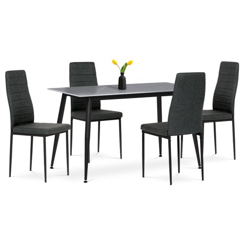 Jídelní set 1+4, stůl 130x70, deska slinutý kámen v imitaci šedého matného mramoru, židle zelená látka, černý lak