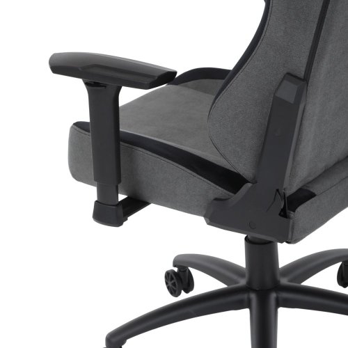 Herní křeslo, šedá látka, houpací mechanismus, polohování opěradla 90°-180°, 3D područky, polštáře z paměťové pěny, nosn