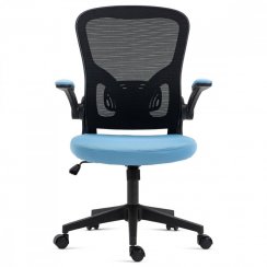 Kancelářská židle, černý plast, modrá látka, sklápěcí područky, kolečka pro tvrdé podlahy