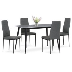 Jídelní set 1+4, stůl 130x70, deska slinutý kámen v imitaci šedého matného mramoru, židle šedá látka, černý lak