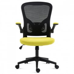Kancelářská židle, černý plast, žlutá látka, sklápěcí područky, kolečka pro tvrdé podlahy