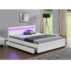 Manželská postel s úložným prostorem, RGB LED osvětlení, bílá ekokůže, 180x200, CLARETA