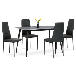 Jídelní set 1+4, stůl 130x70, deska slinutý kámen v imitaci šedého matného mramoru, židle zelená látka, černý lak