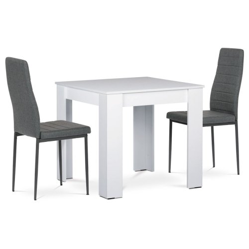 Jídelní set 1+2, stůl 80x80 cm, bílé lamino, židle šedá látka, šedý lak