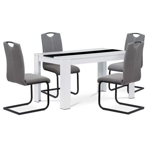 Jídelní set 1+4, stůl 138x80 cm, bílá MDF, židle šedá látka, černý lak