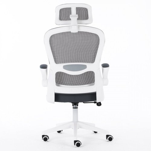 Židle kancelářská, šedý mesh, bílý plast, nastavitelný podhlavník, nastavitelná bederní opěrka