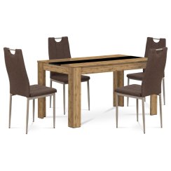 Jídelní set 1+4, stůl 138x80 cm, MDF dub wotan, židle hnědá látka, capp. lak