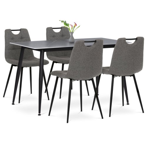 Jídelní set 1+4, stůl 130x70, deska slinutý kámen v imitaci šedého matného mramoru, židle šedá látka, madlo černý lak