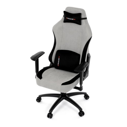 Herní křeslo, stříbrná látka, houpací mechanismus, polohování opěradla 90°-180°, 3D područky, polštáře z paměťové pěny,