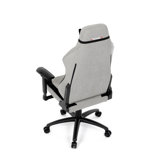Herní křeslo, stříbrná látka, houpací mechanismus, polohování opěradla 90°-180°, 3D područky, polštáře z paměťové pěny,