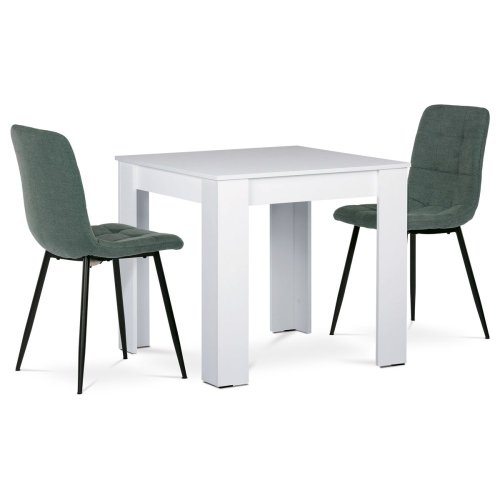 Jídelní set 1+2, stůl 80x80 cm, bílá MDF, židle zelená látka, černý lak