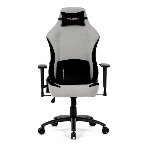 Herní křeslo, stříbrná látka, houpací mechanismus, polohování opěradla 90°-180°, 3D područky, polštáře z paměťové pěny,
