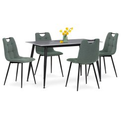 Jídelní set 1+4, stůl 130x70, deska slinutý kámen v imitaci šedého matného mramoru, židle zelená látka, madlo černý lak